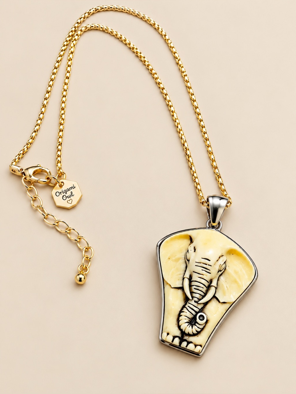Origami Owl Elephant Pendant Necklace Silver Tone Ivory Resin Animal Statement